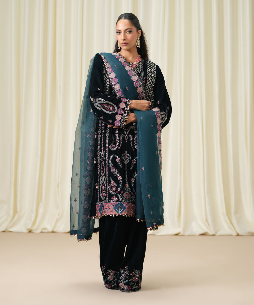 Women's Unstitched Embroidered Velvet Teal Green 3 Piece Suit
