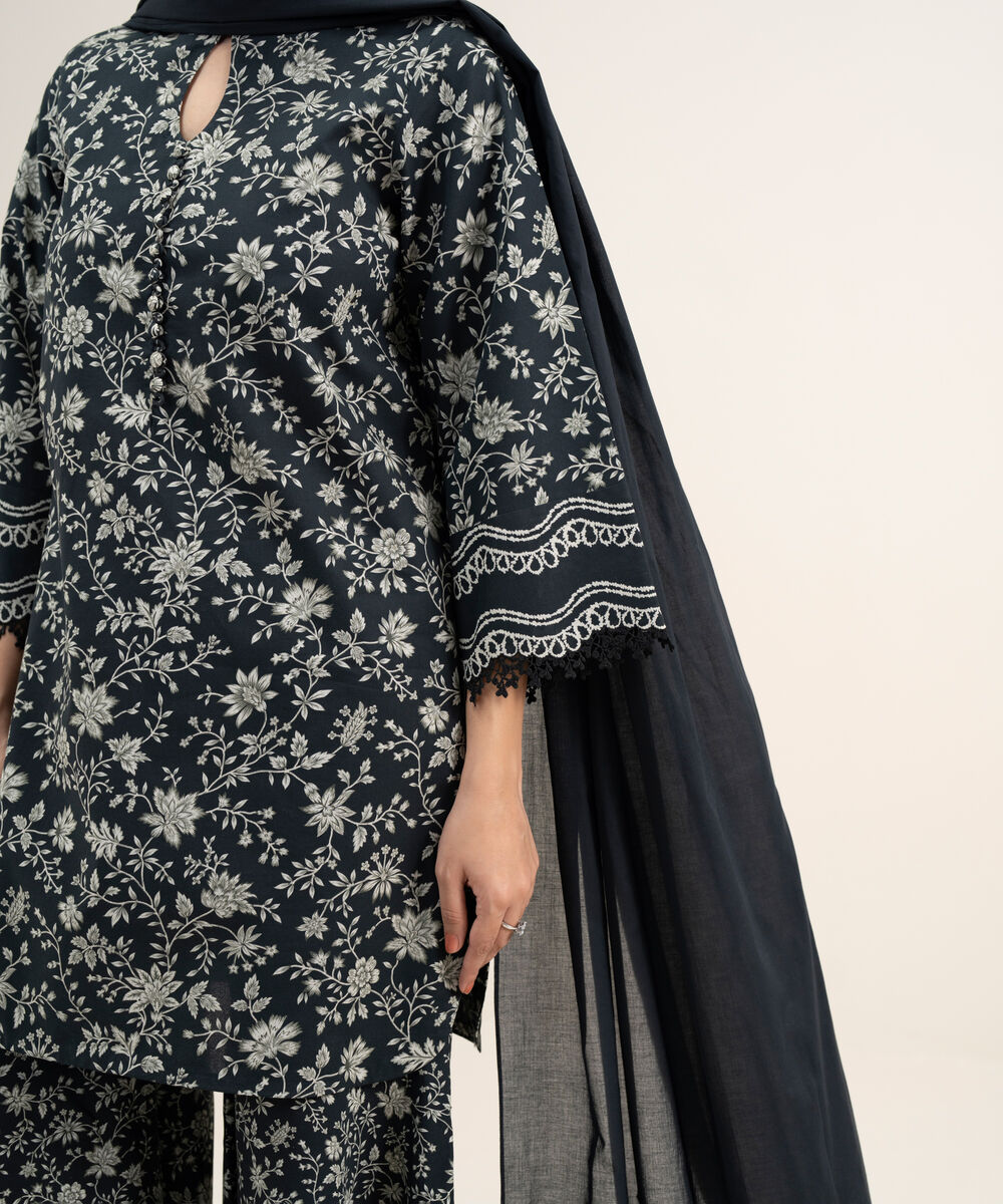 Women's Unstitched Lawn Embroidered Black and Off White 3 Piece Suit