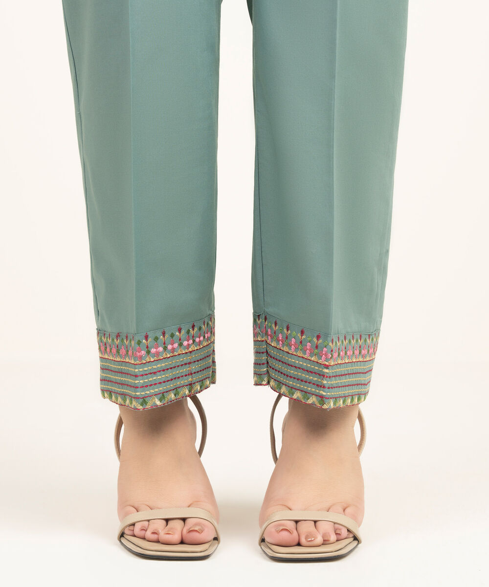 Women's RTW Lawn Embroidered Sage Green Straight Pants