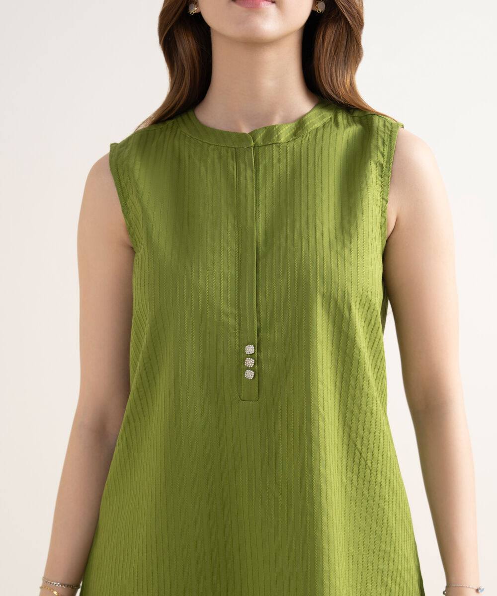 Women's RTW Handwoven Dobby Solid Straight Green Shirt