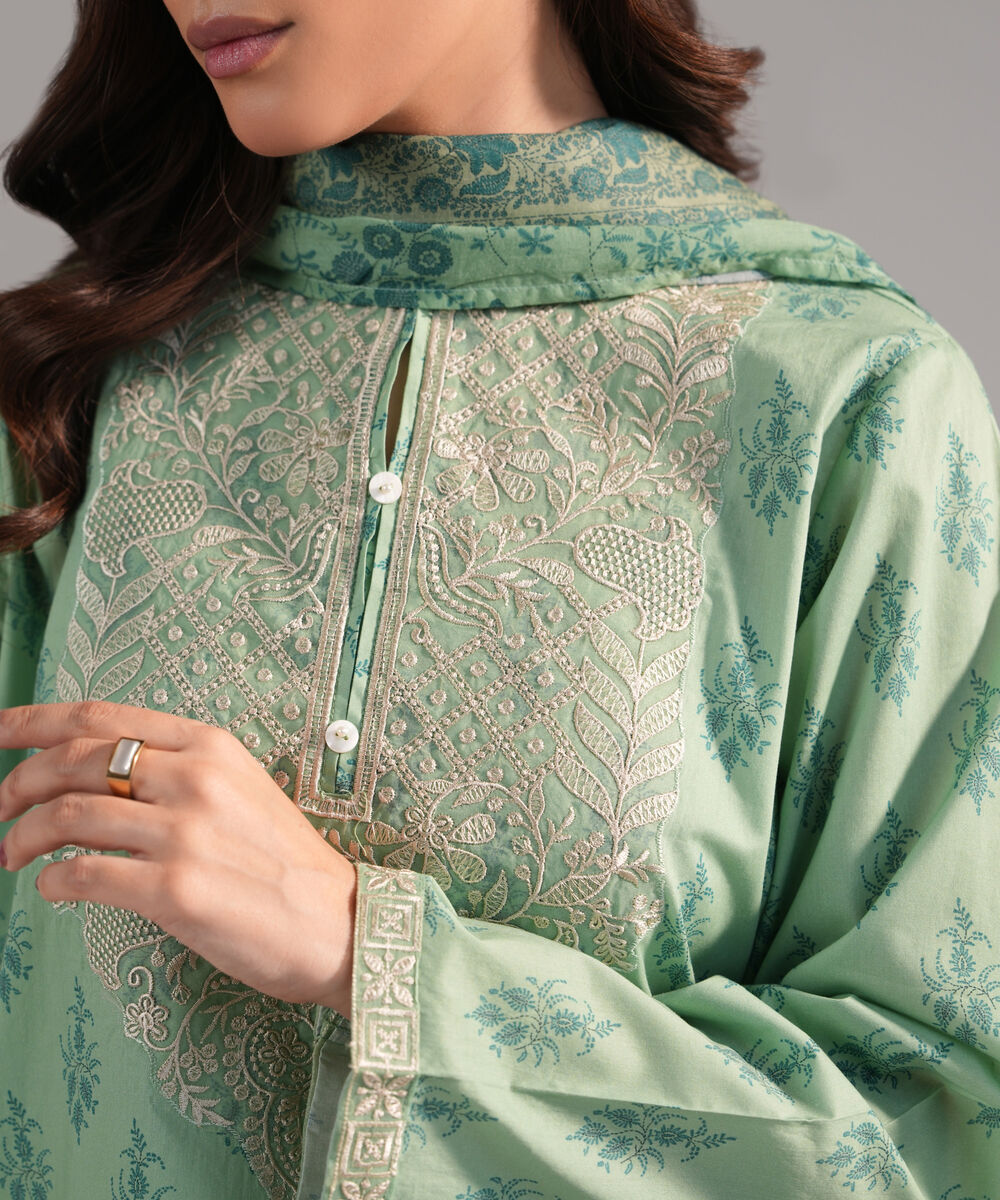 Women's RTW Cambric Embroidered Green 3 Piece Suit