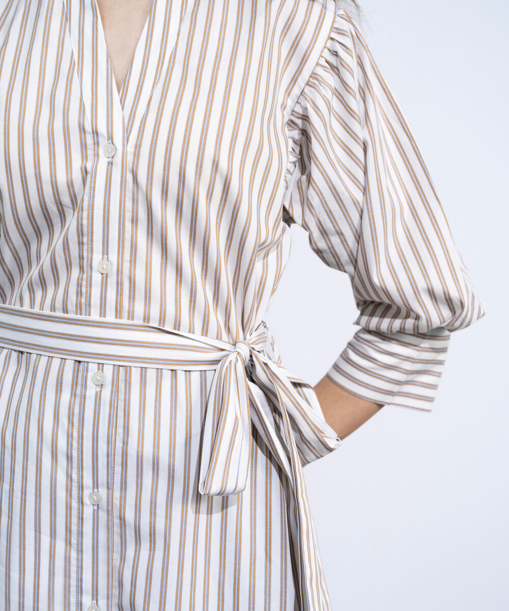 Women's Multi Striped Poplin Dress With Puffed Sleeves