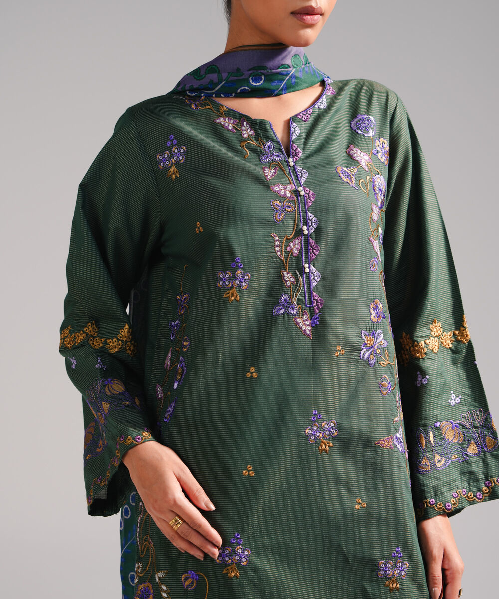 Women's RTW Zari Lawn Embroidered Dark Green 3 Piece Suit