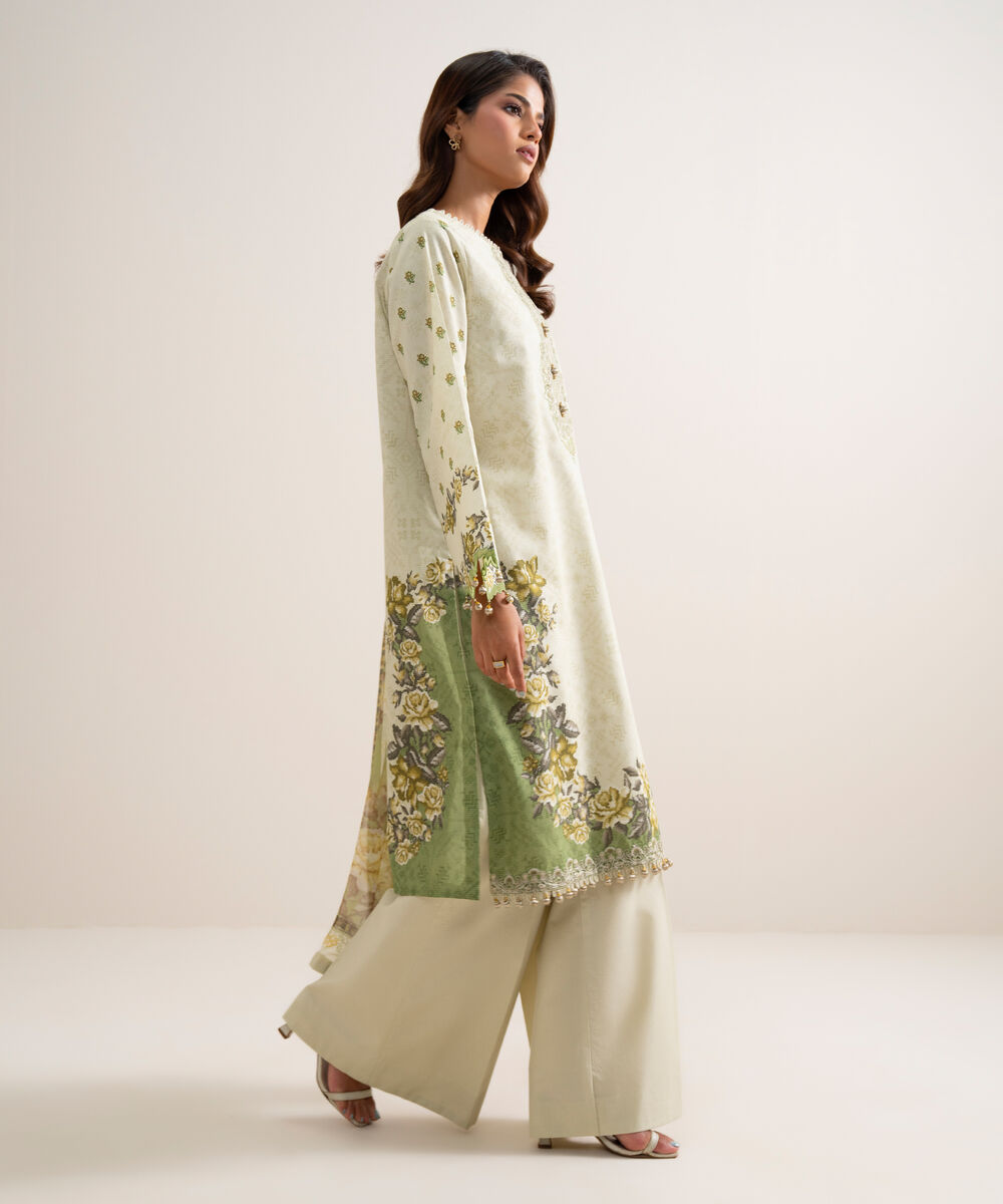 Women's Unstitched Zari Cotton Embroidered Off White  3 Piece Suit