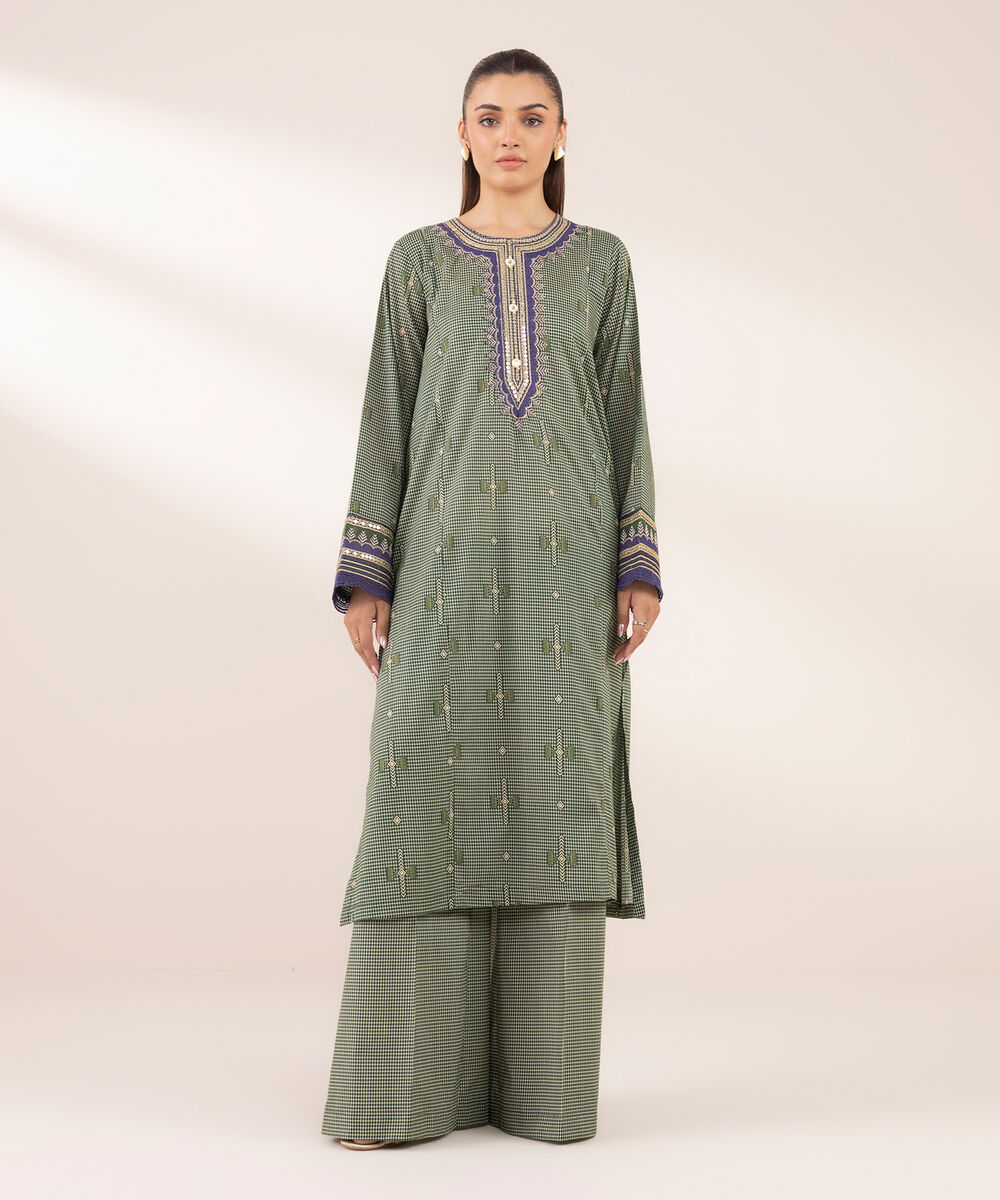 Women's RTW Lawn Green Embroidered A-Line Shirt