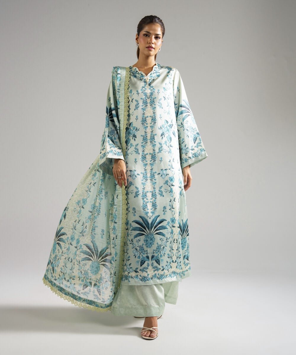 Women's RTW Blended Satin Printed Green 3 Piece Suit