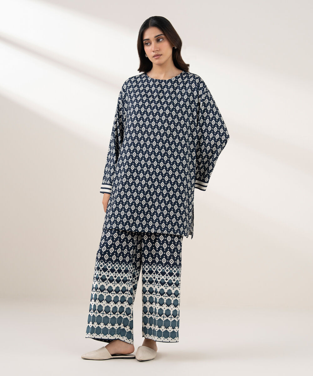 Women's RTW Viscose Linen Printed Straight Blue Shirt