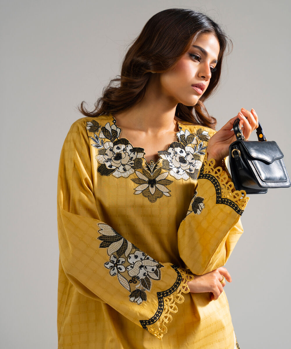 Women's RTW Dobby Embroidered Beige 2 Piece Suit