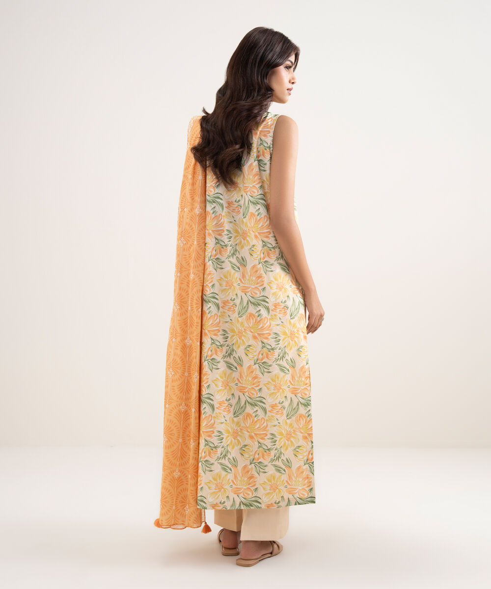 Women's Unstitched Lawn Orange Printed 3 Piece Suit