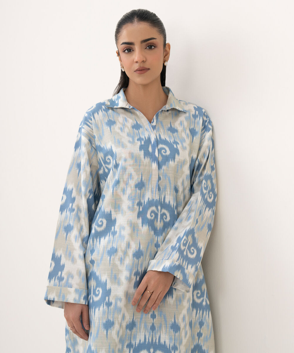 Women's RTW Light Khaddar Printed Drop Shoulder Grey Shirt