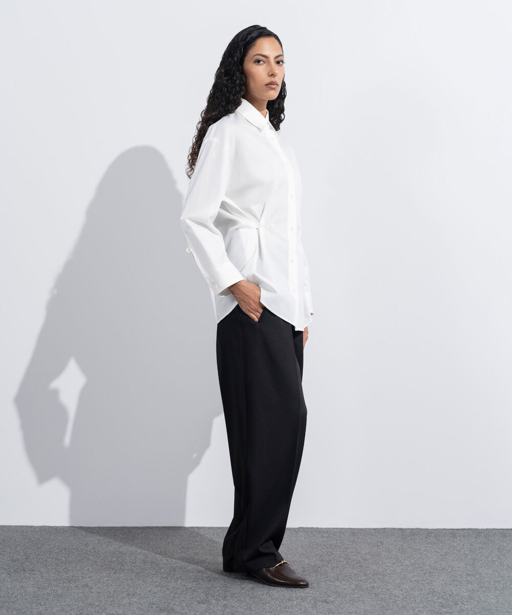 Women's Western Wear White Cinched Waist Button Through Shirt