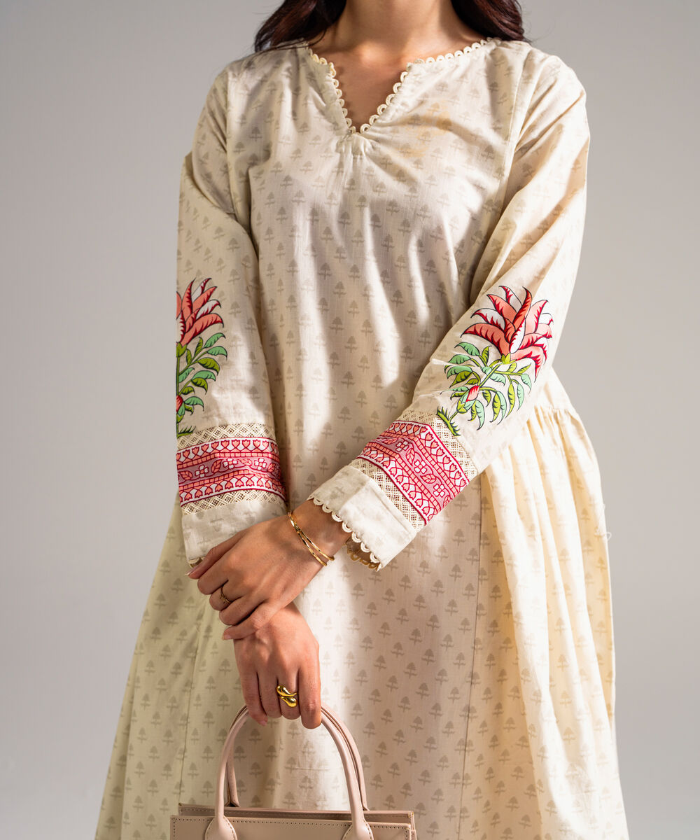 Women's RTW Slub Lawn Printed Beige Peshwas