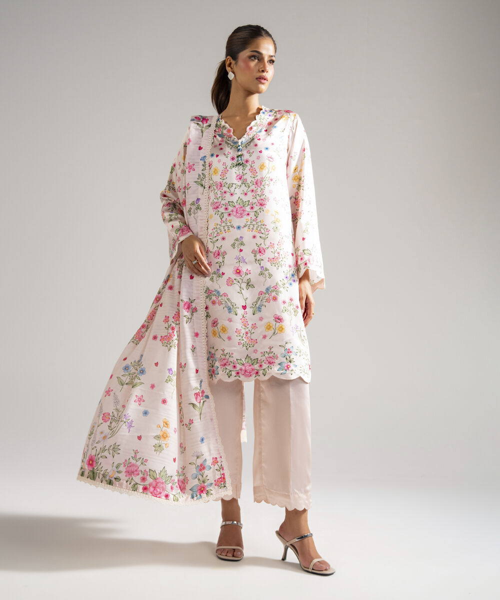 Women's RTW Blended Satin Printed Pink 3 Piece Suit