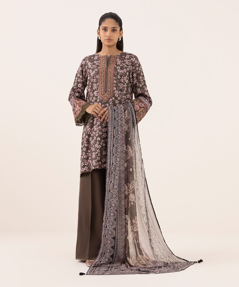 Women's RTW Arabic Lawn Brown Embroidered A-Line Shirt