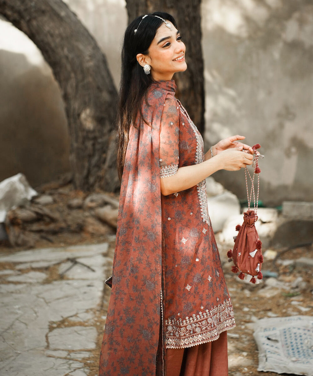 Women's Unstitched Blended Chiffon Embroidered Pink 3 Piece Suit