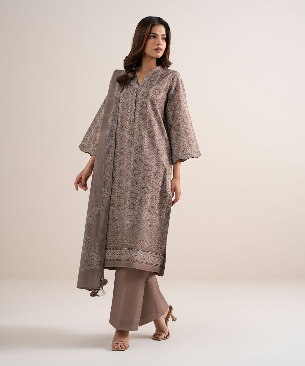 Women's Unstitched Lawn Printed Beige 3 Piece Suit