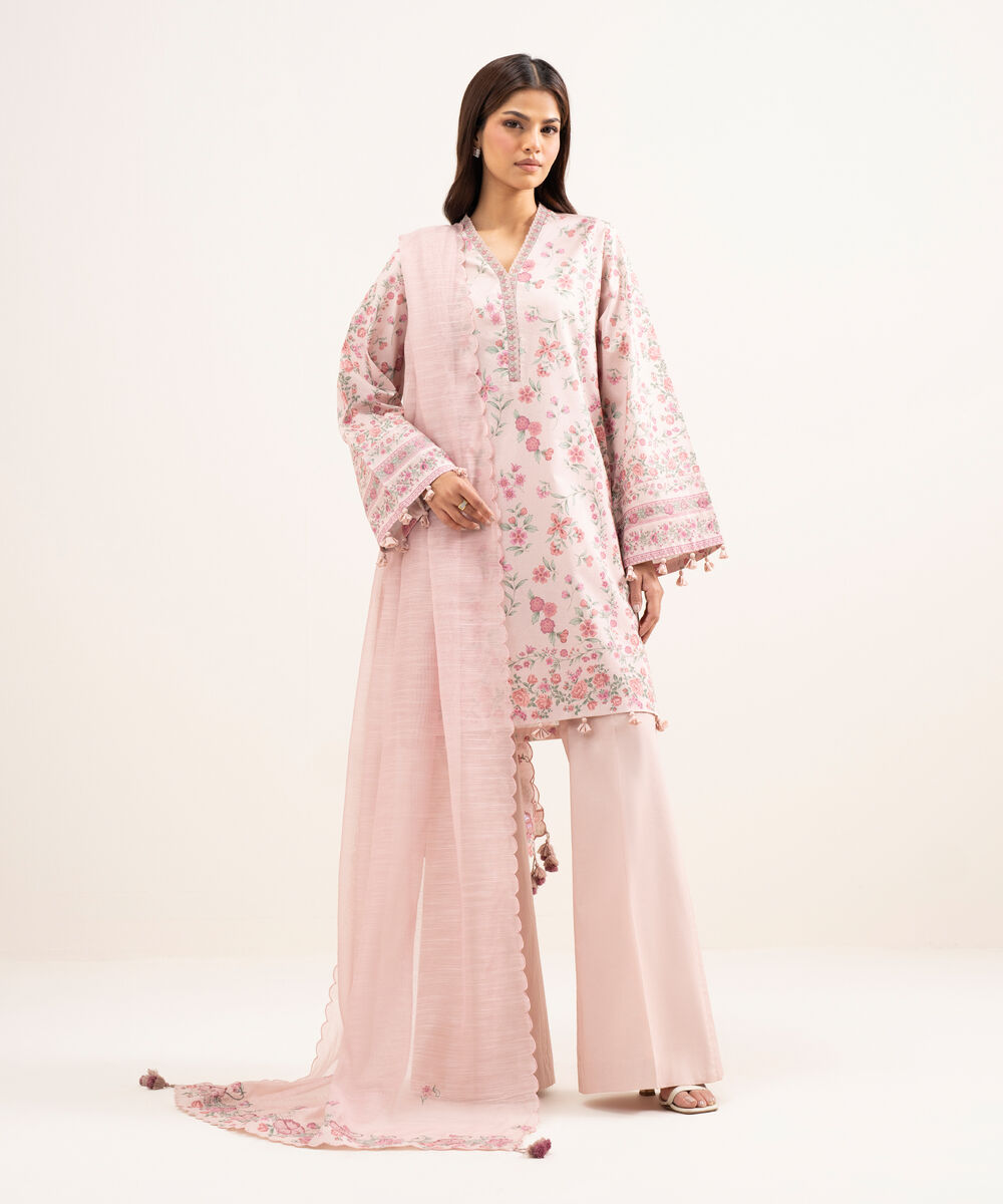 Women's Unstitched Lawn Embroidered Pink 3 Piece Suit