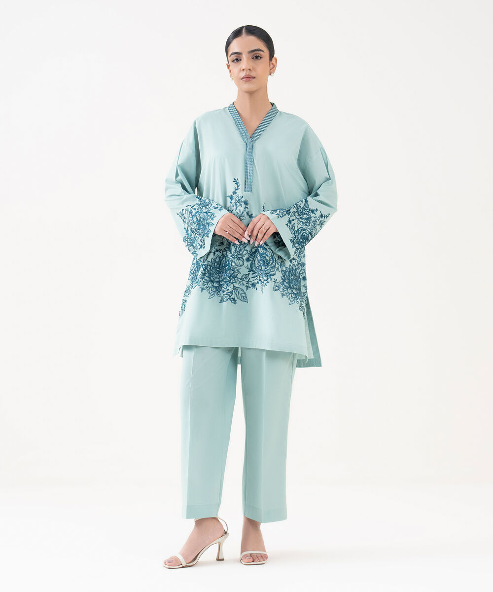 Women's RTW Textured Lawn Blue Embroidered A-Line Shirt