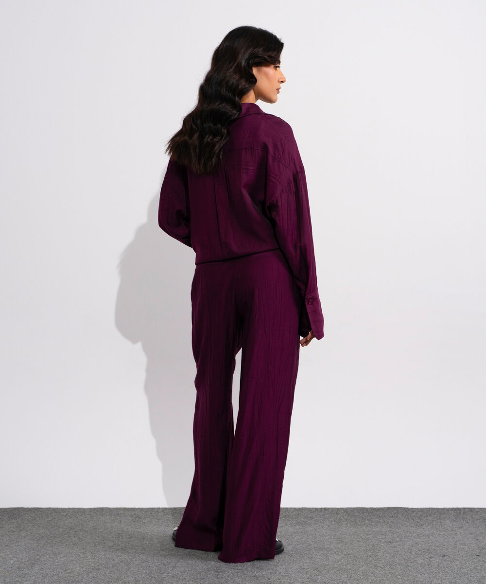 Women's Magenta Textured Pleated Trouser