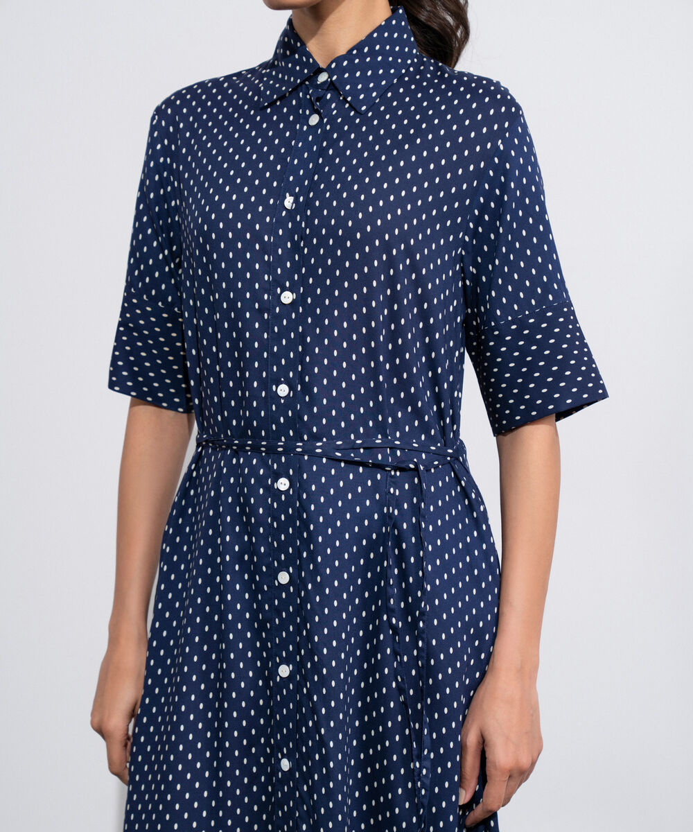 Women's Western Blue And  White Polka Dots Flowy Dress