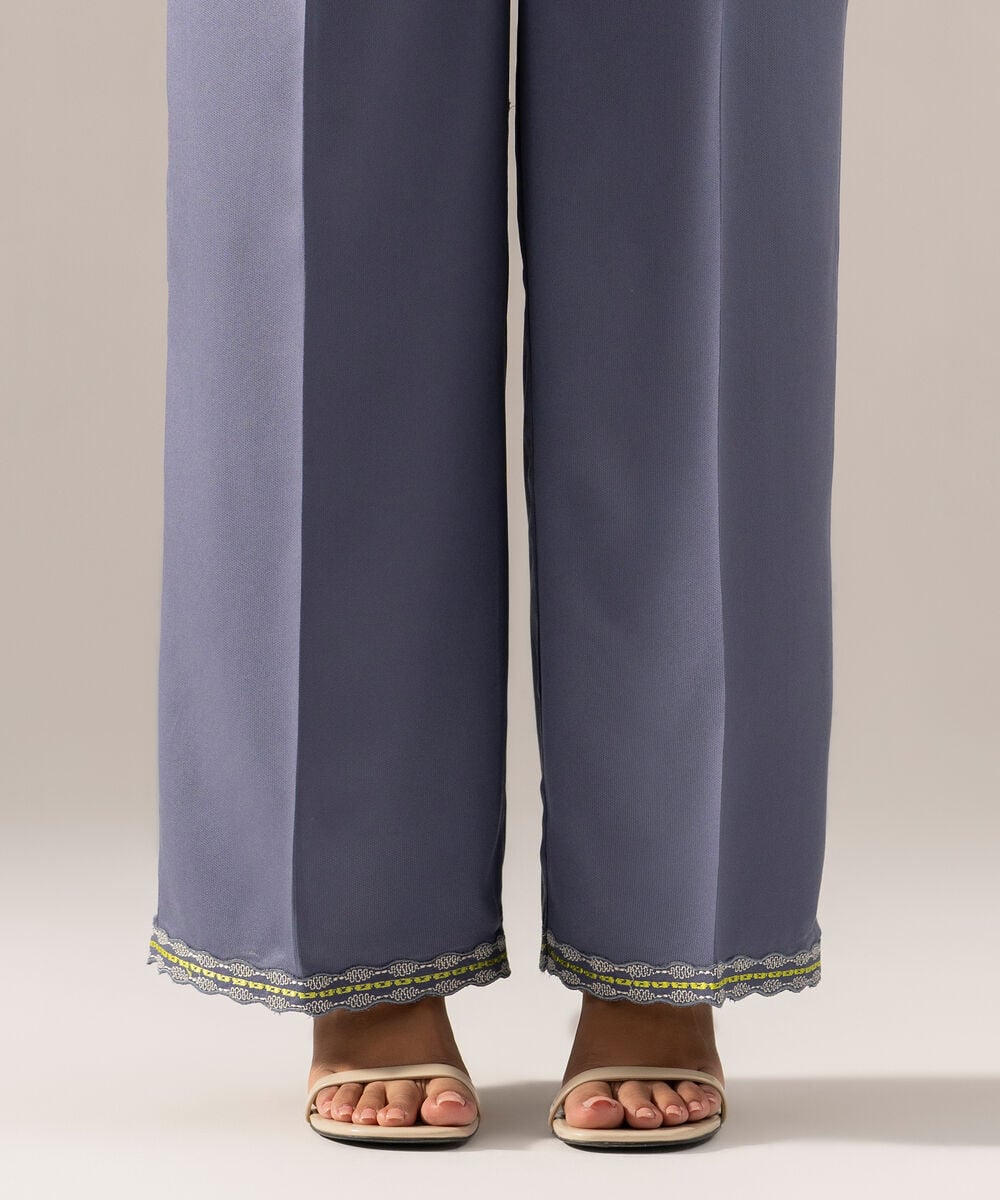 Women's RTW Solid Embroidered Blue Bedford Culottes