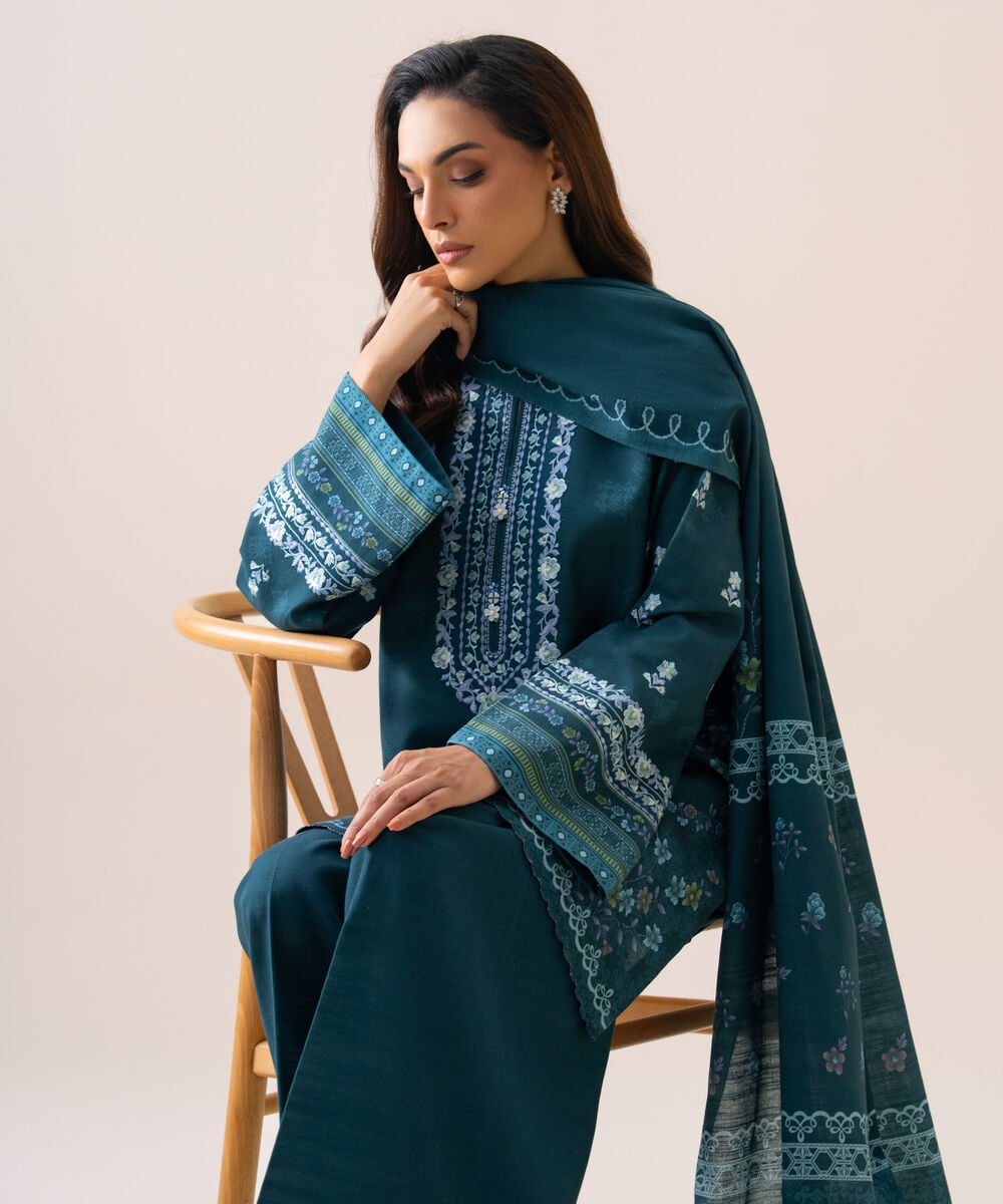 Women's Unstitched Light Khaddar Embroidered Teal Blue 3 Piece Suit
