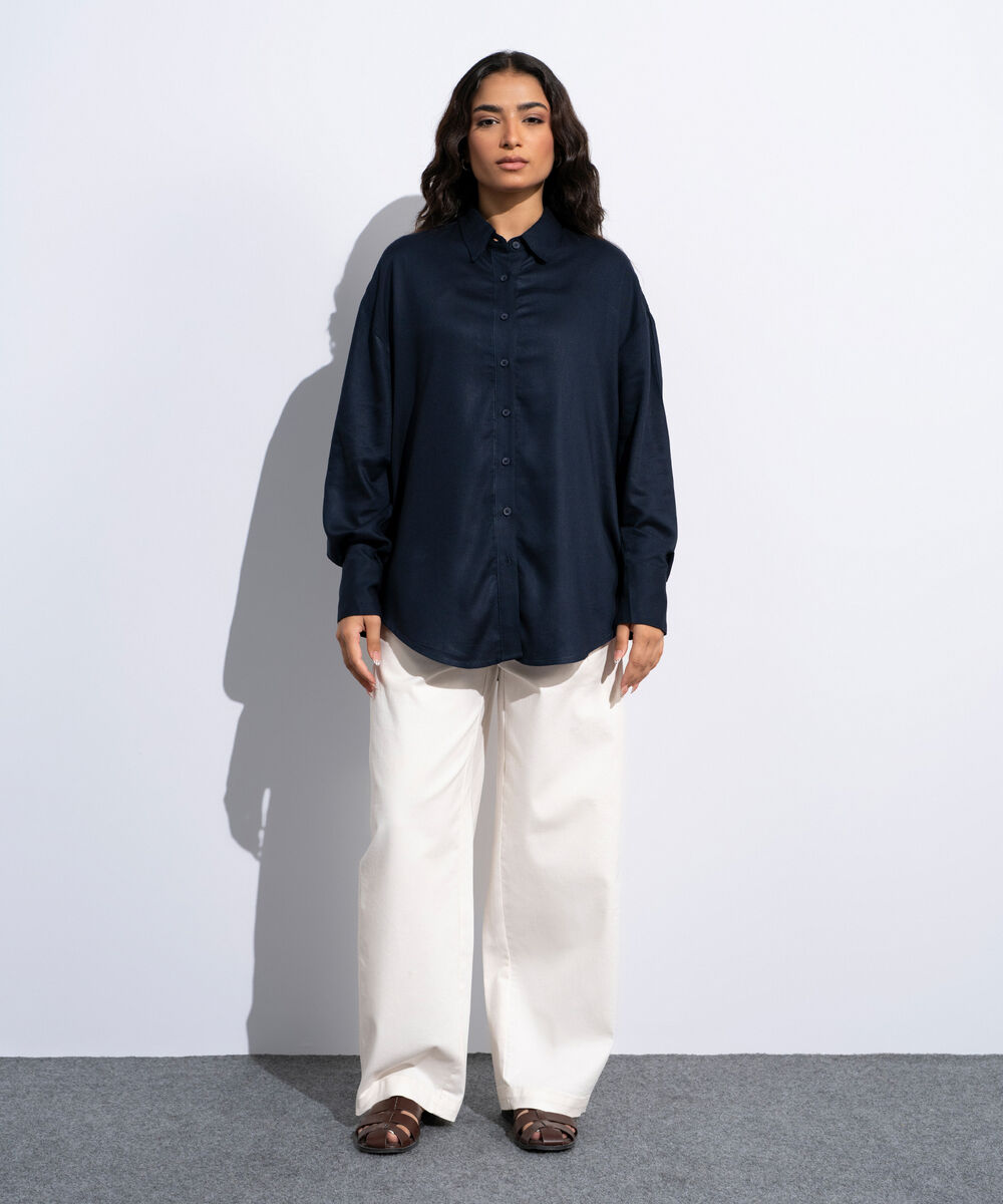 Women's Navy Linen Blend Button Through  Shirt
