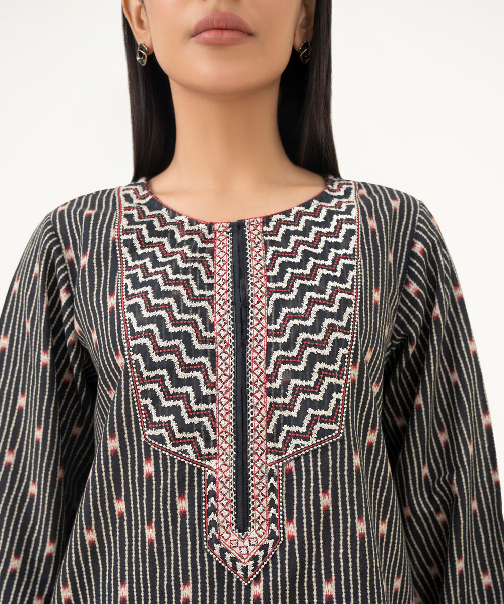 Women's RTW Light Khaddar Embroidered Black Straight Shirt