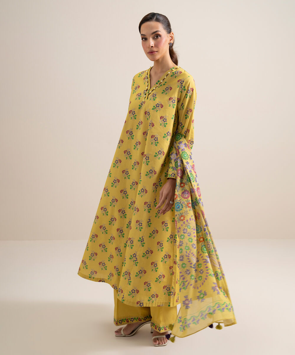 Women's Unstitched Lawn Printed Yellow 3 Piece Suit