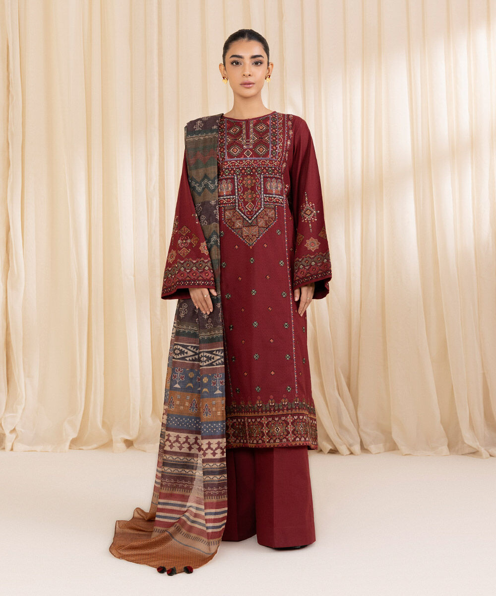 Women's Unstitched Raw Silk  Embroidered Maroon  3 Piece Suit