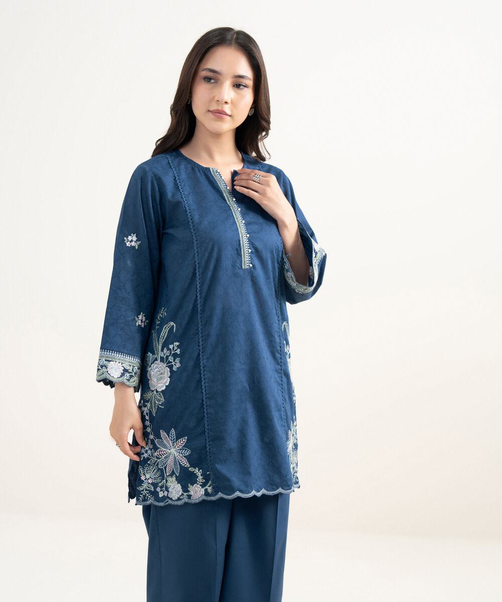 Women's RTW Self Jacquard Embroidered Blue Straight Shirt