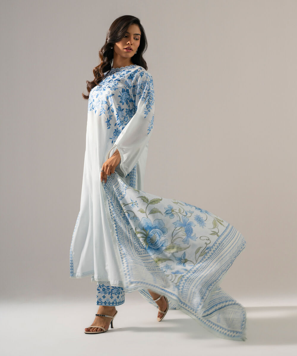 Women's RTW Cambric Solid Embroidered Blue 3 Piece Suit