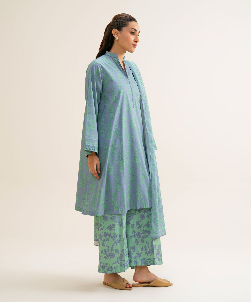 Women's Unstitched Cotton Viscose Printed Blue 3 Piece Suit