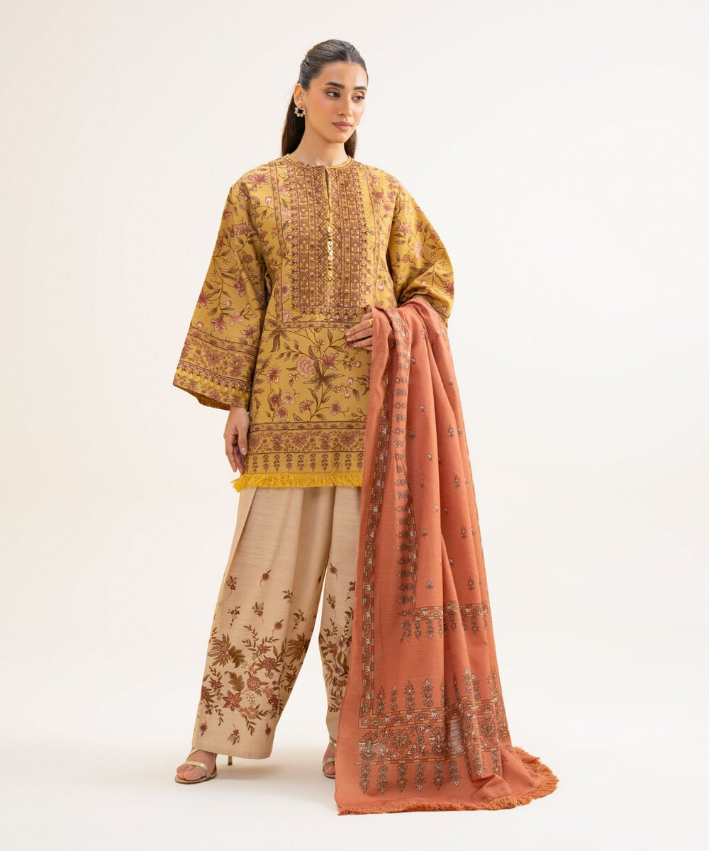 Women's Unstitched Premium Khaddar Printed Yellow 3 Piece Suit