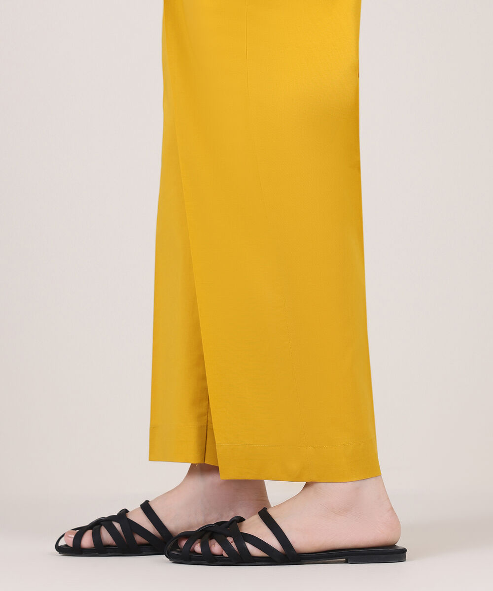 Women's RTW Cambric Yellow Solid Straight Pants