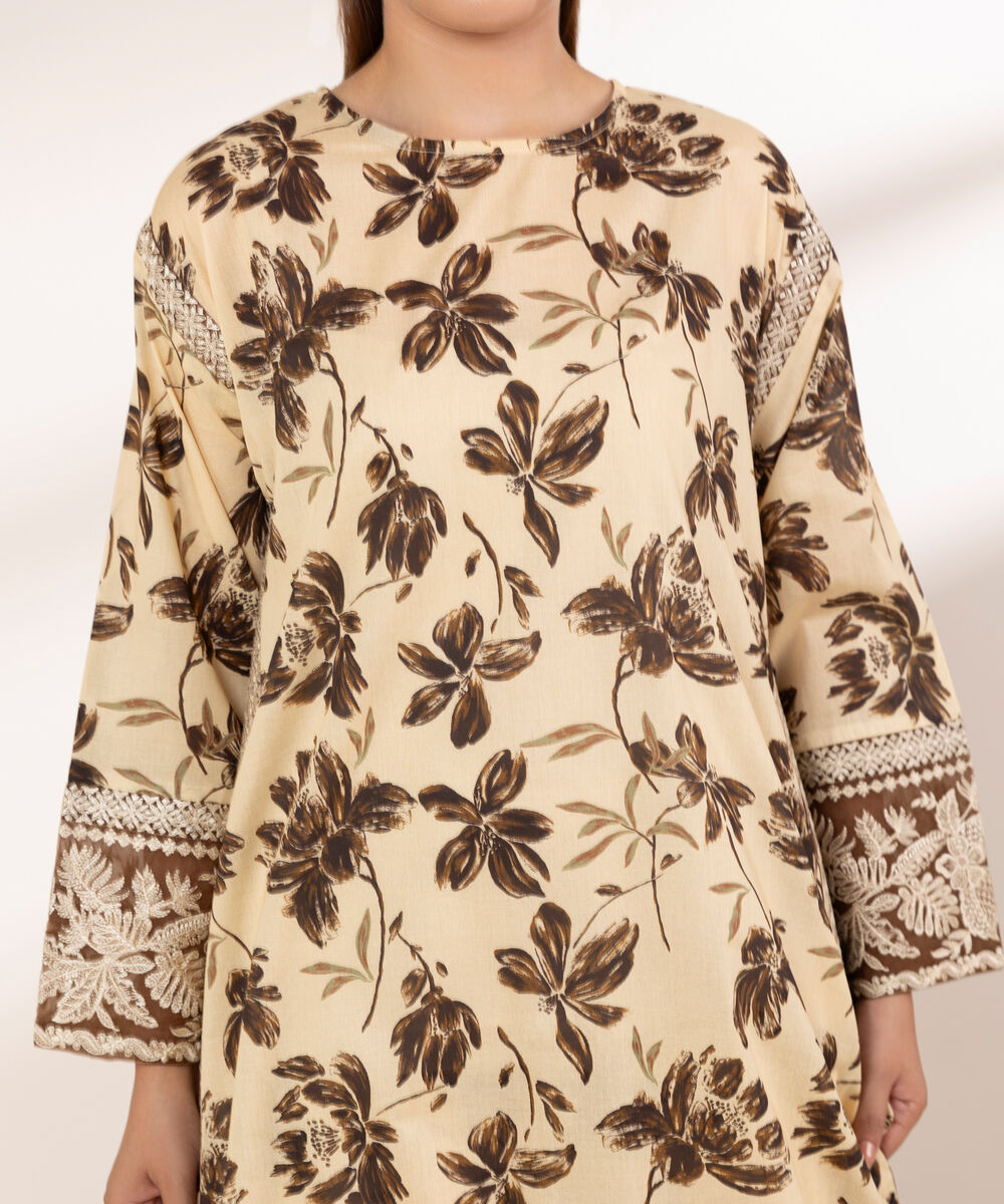 Women's RTW Lawn Beige Embroidered Boxy Shirt