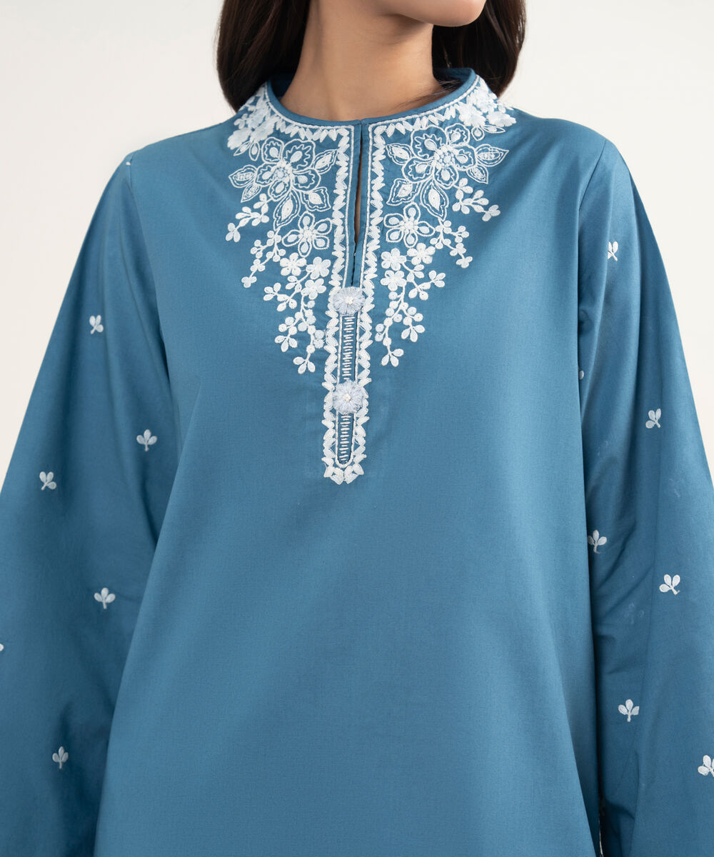 Women's Unstitched Lawn Embroidered Bllue 3 Piece Suit