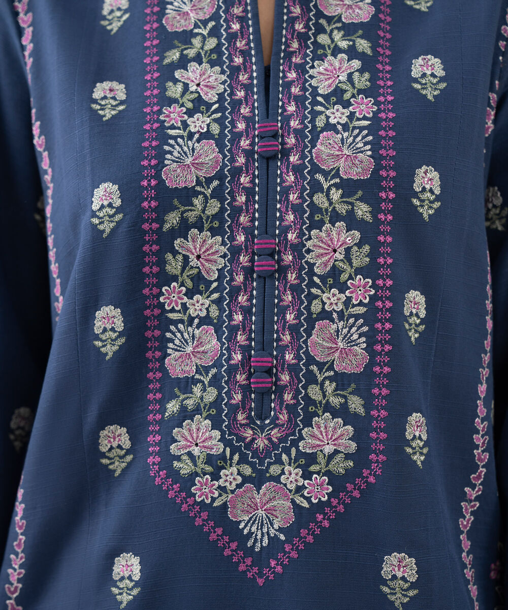 Women's Unstitched Light Khaddar Embroidered Blue 3 Piece Suit