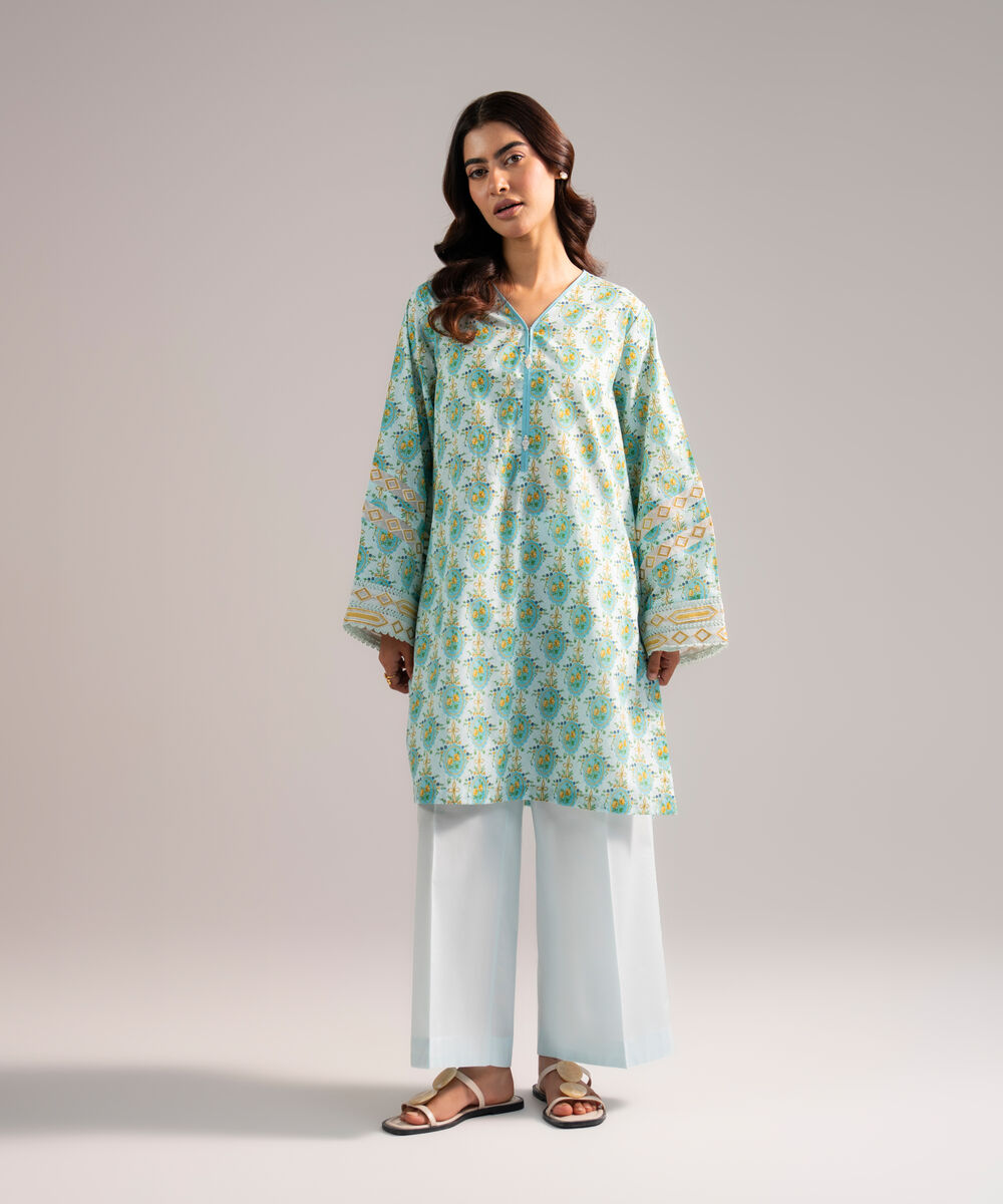 Women's RTW Lawn Embroidered Light Blue Straight Shirt