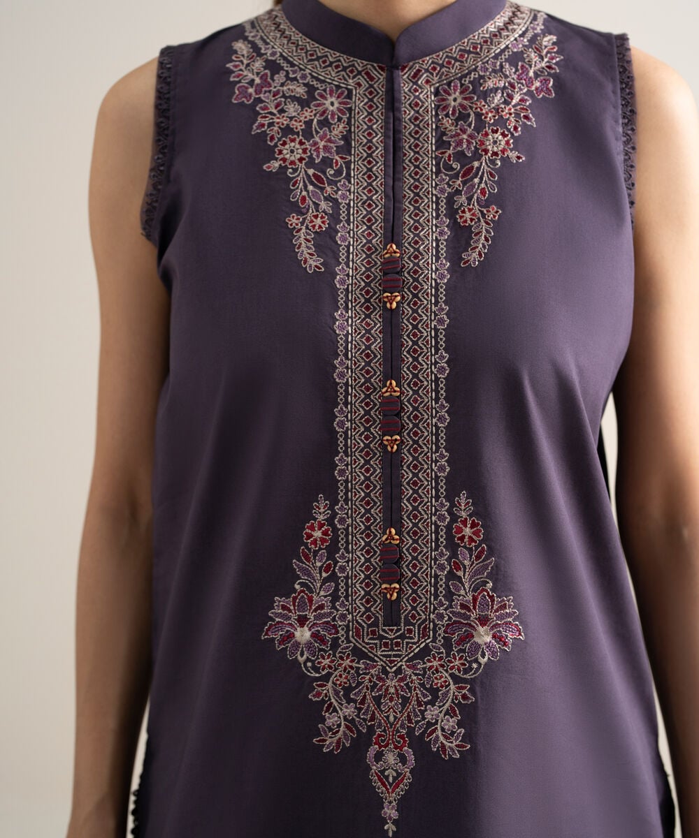 Women's Unstitched Lawn Embroidered Dull Purple  3 Piece Suit