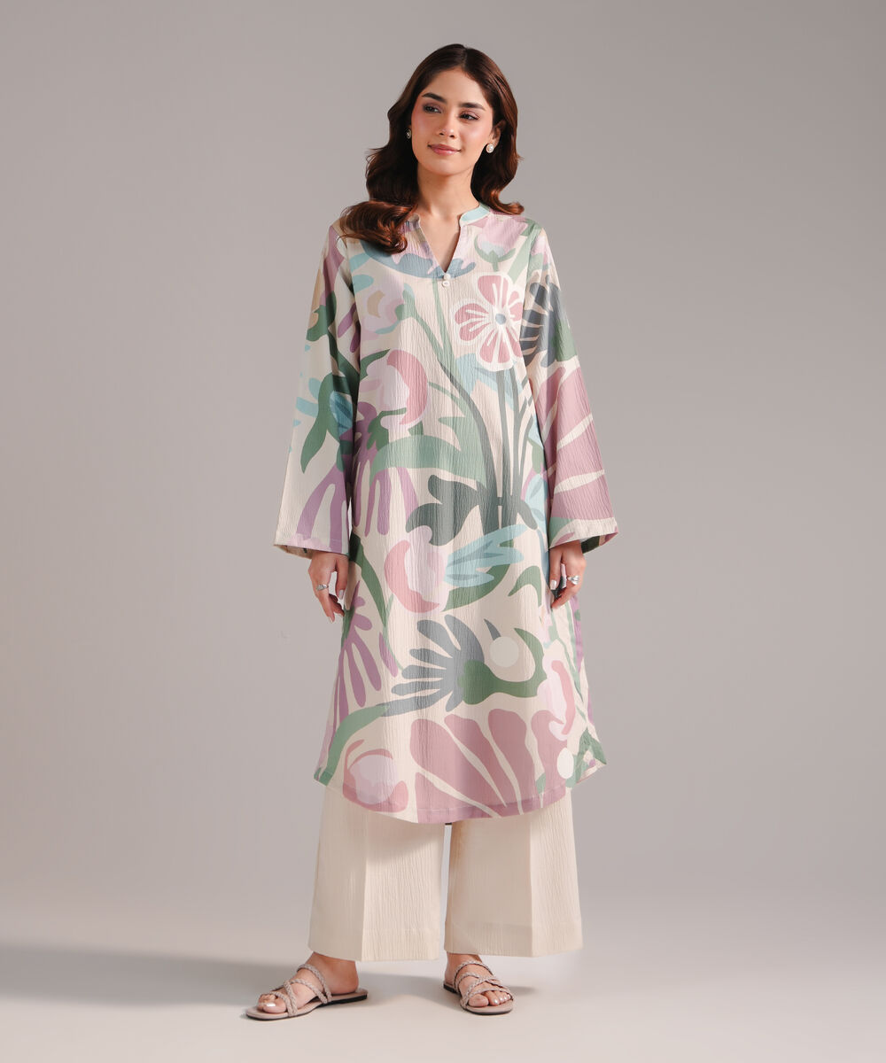 Women's RTW Seersucker Printed Off White 2 Piece Suit