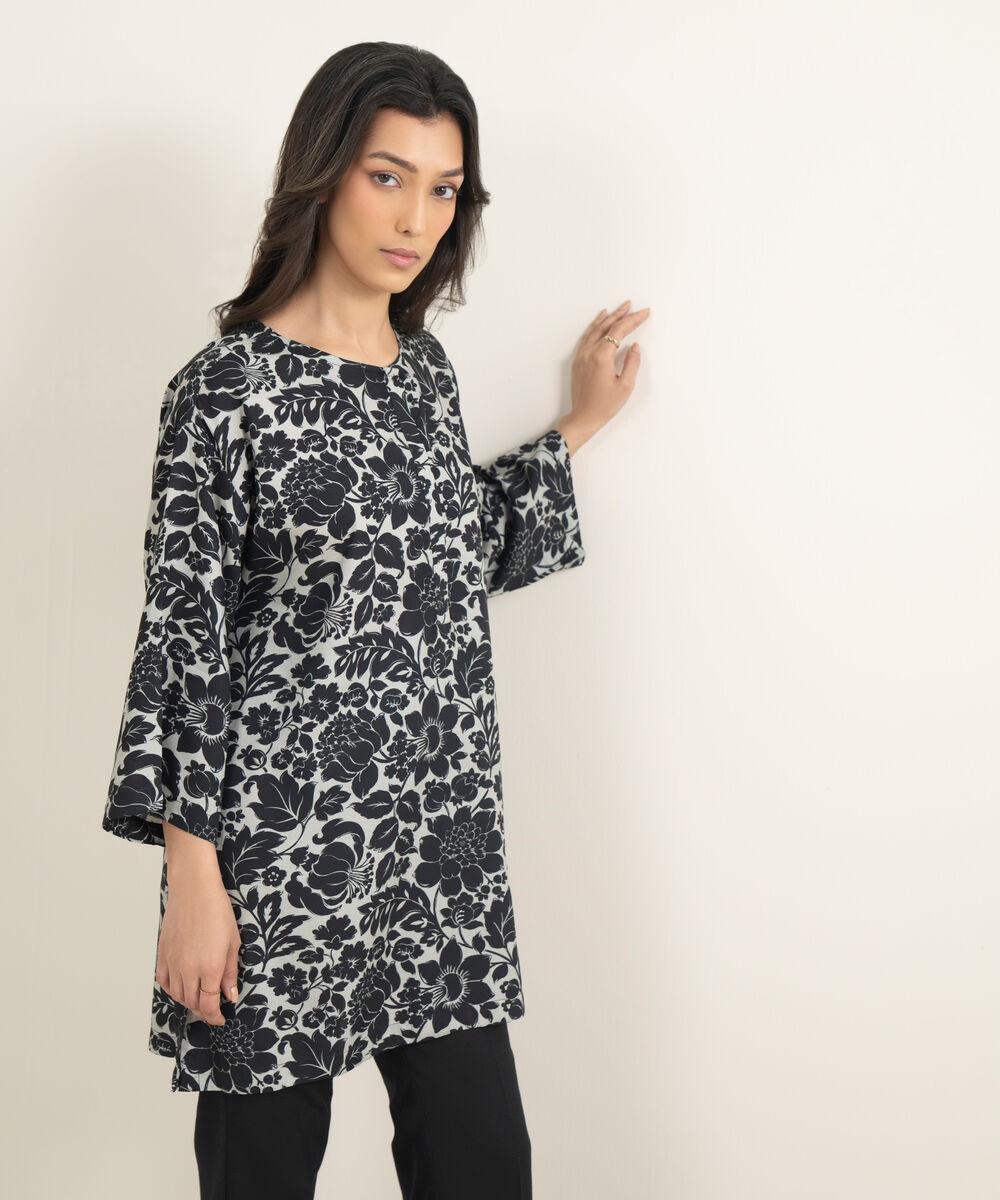Women's RTW Arabic Cambric Printed Black Drop Shoulder Shirt