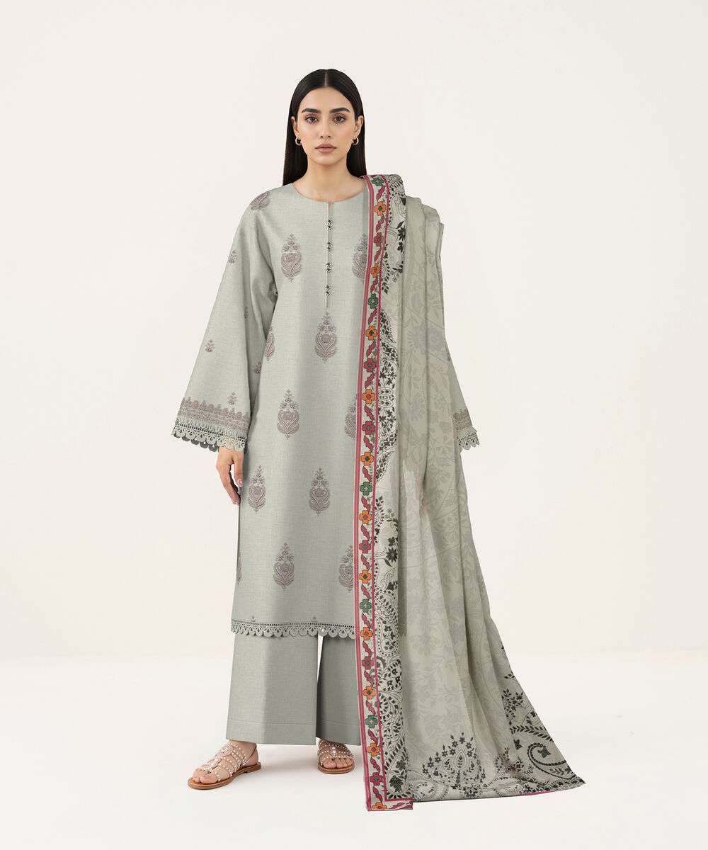 Women's Unstitched Lawn Light Grey Embroidered 3 Piece Suit