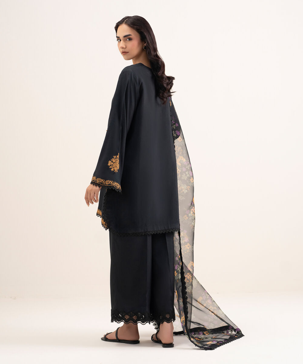 Women's RTW Viscose Raw Silk Embroidered Black 3 Piece Suit