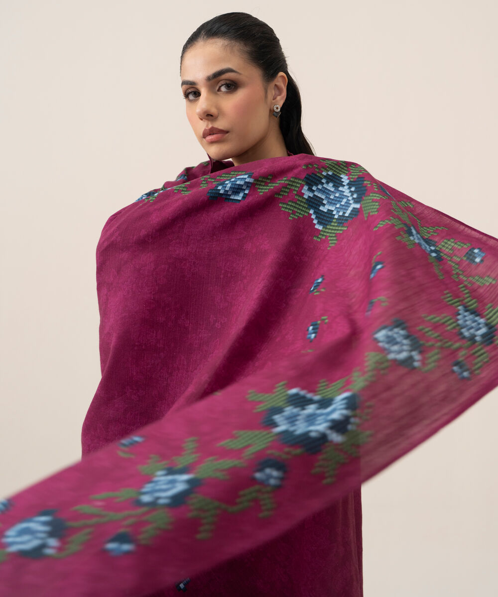 Women's Unstitched Lawn Embroidered Magenta 3 Piece Suit