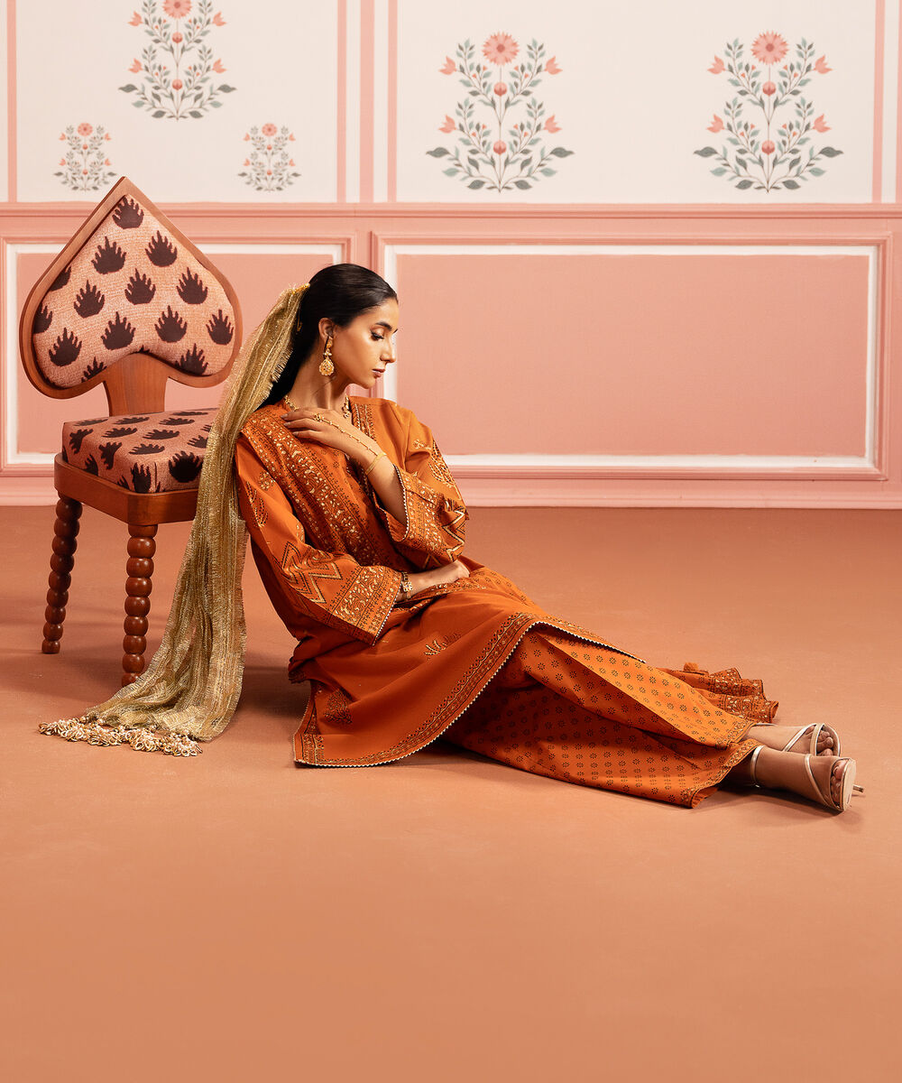 Women's RTW Lawn Orange Printed A-Line Shirt