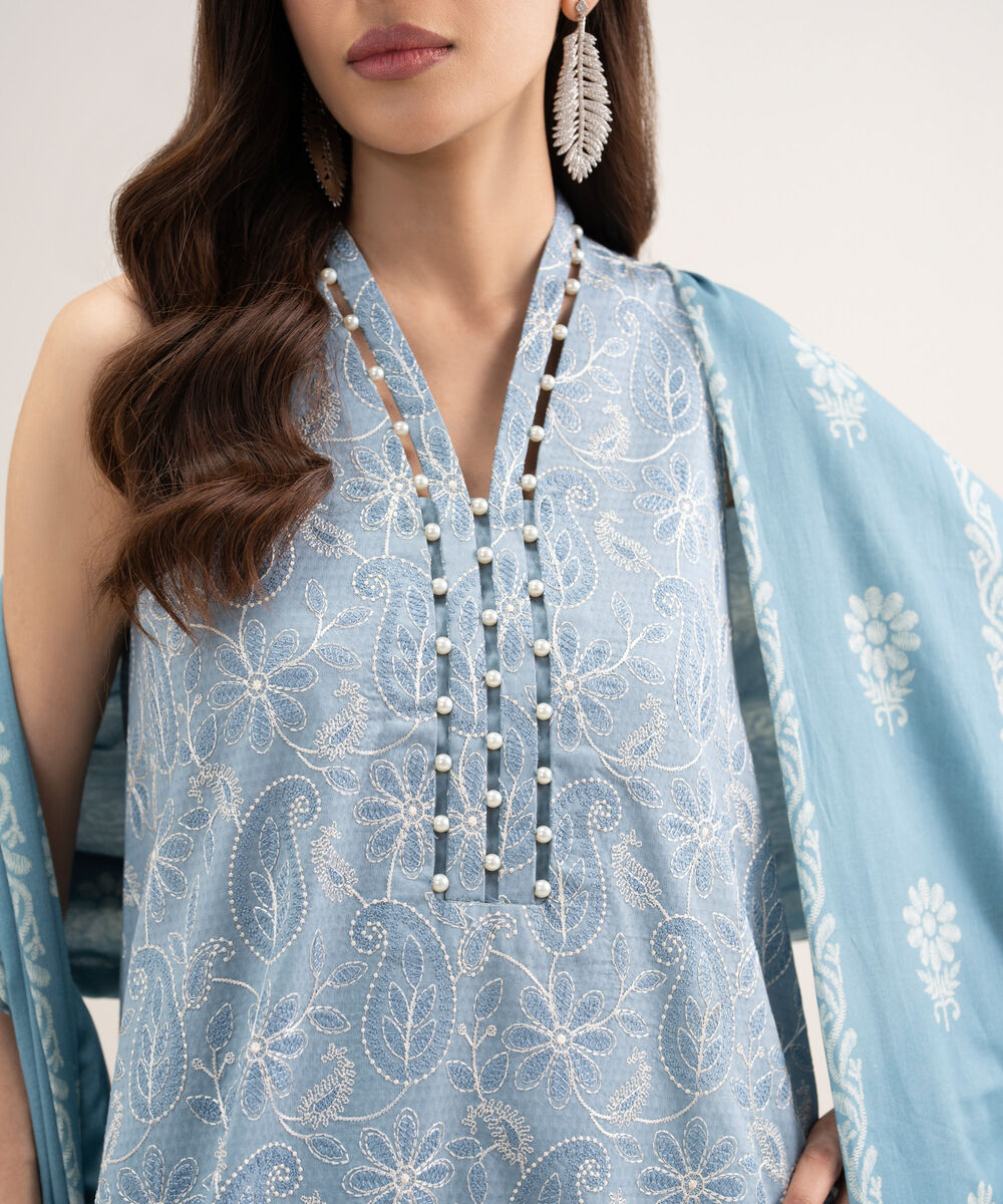 Women's Unstitched Dobby Embroidered Blue 3 Piece Suit