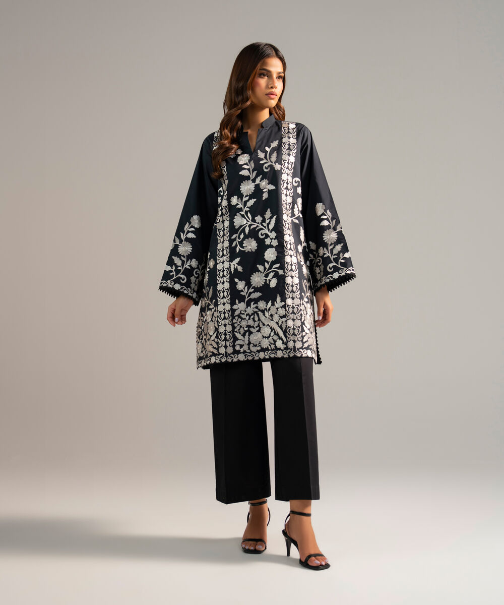 Women's RTW Poplin Embroidered Black Straight Shirt