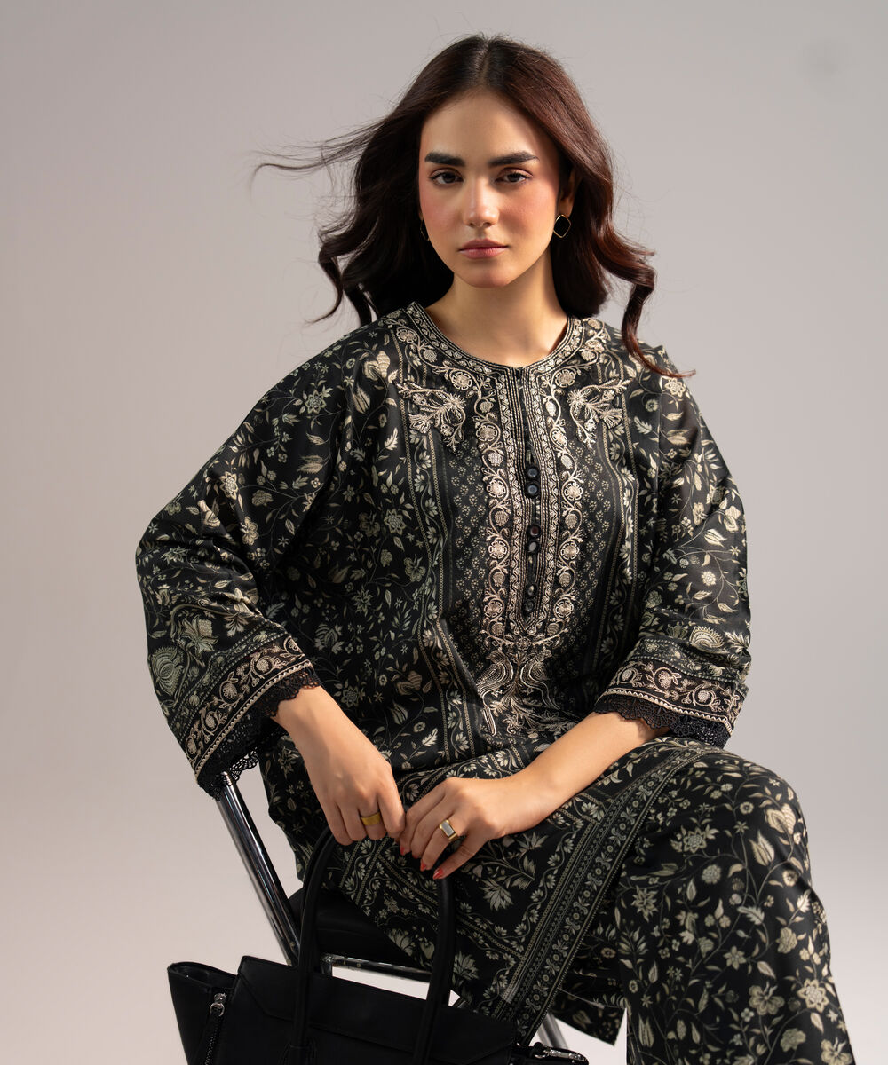 Women's RTW Lawn Embroidered Black Drop Shoulder Shirt