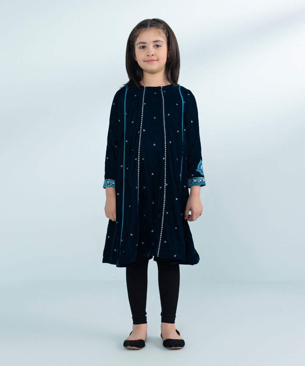 Embroidered Velvet Flared Shirt Girls Dyed Embroidered Velvet Dress in Blue
